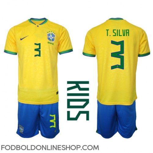 Brasilien Thiago Silva #3 Hjemme Trøje Børn VM 2022 Kortærmet (+ Korte bukser)